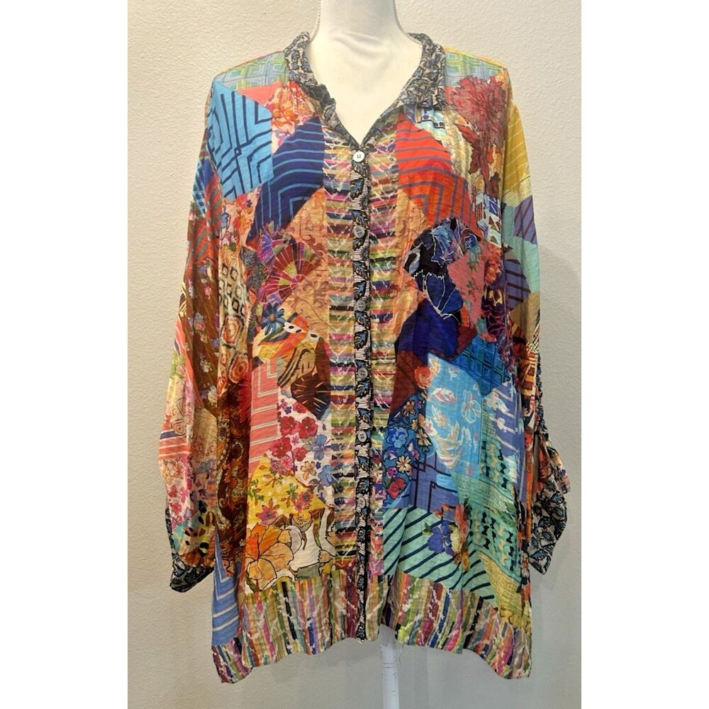 John Mark Woven Boho Patchwork Wire Collar Blouse… - image 3